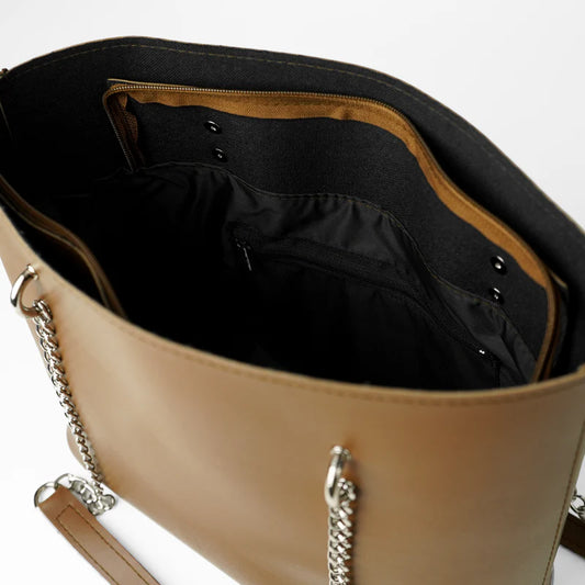 Stylish Brown Tote Bag with Silver Chain Straps