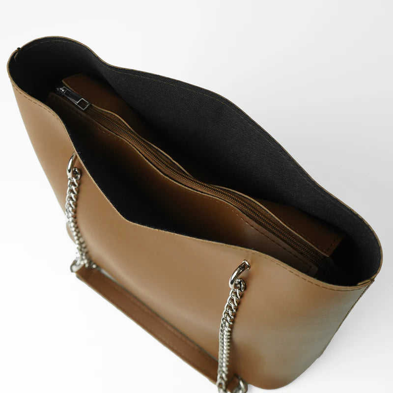 Stylish Brown Tote Bag with Silver Chain Straps
