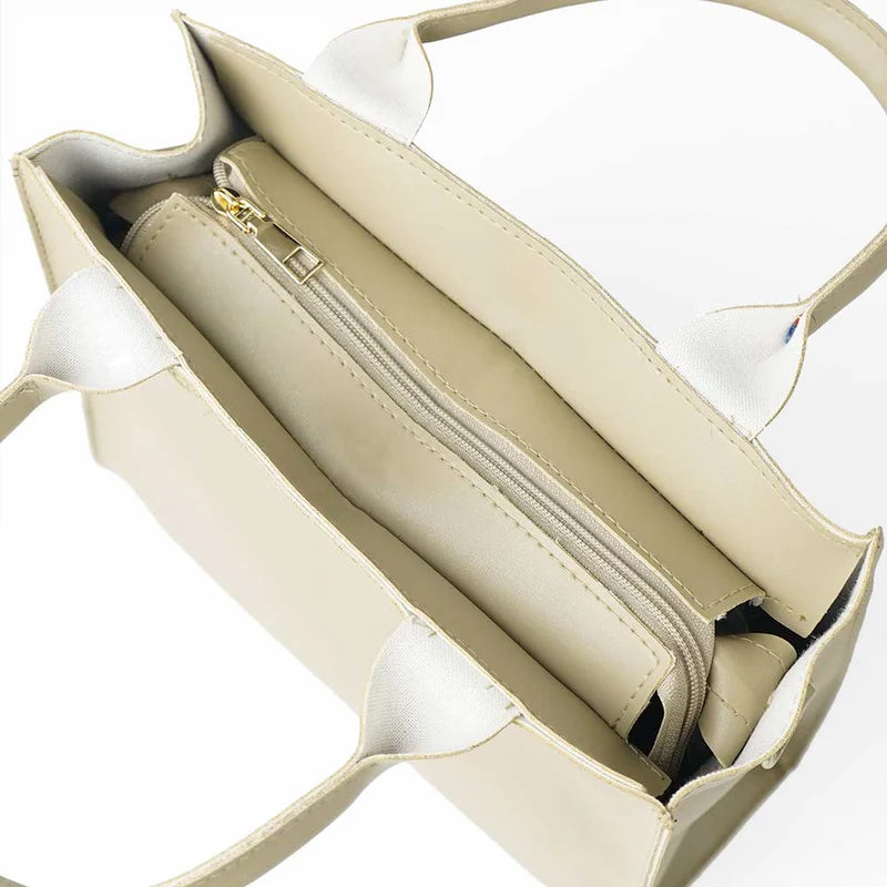 Beige Handbag with Top Handles and Detachable Strap