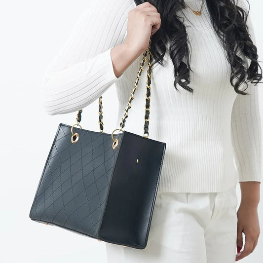 Elegant Black Quilted Tote Bag with Gold Chain Straps
