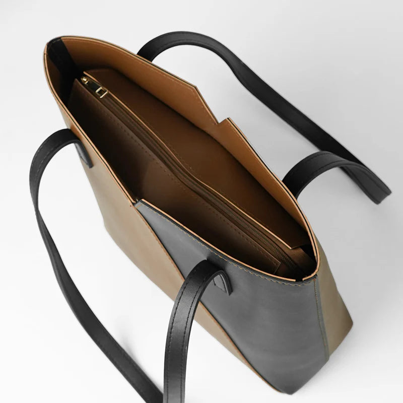 Two-Tone Brown and Black Tote Bag with Long Straps