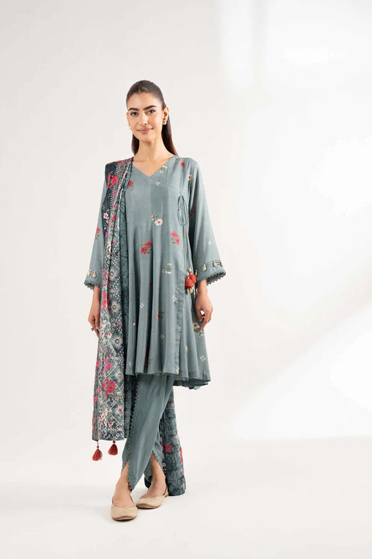 Grey Printed Lawn Suit with Embellished Sleeves and Dupatta