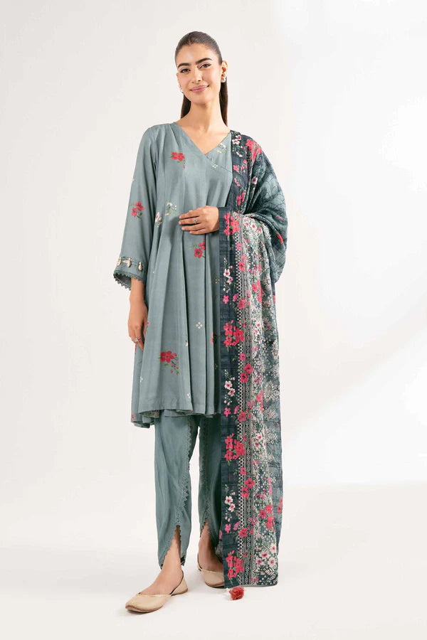 Grey Printed Lawn Suit with Embellished Sleeves and Dupatta