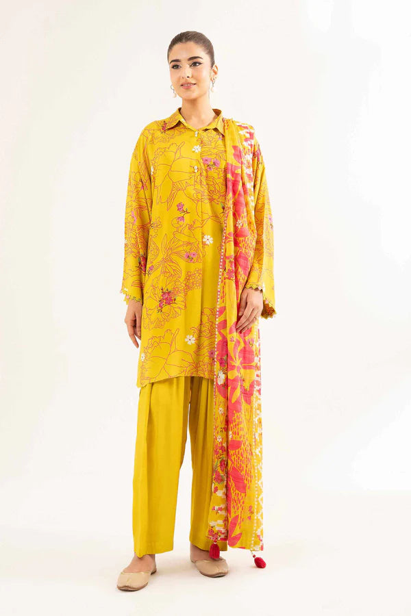 Mustard Yellow Printed Lawn Suit with Contrasting Dupatta