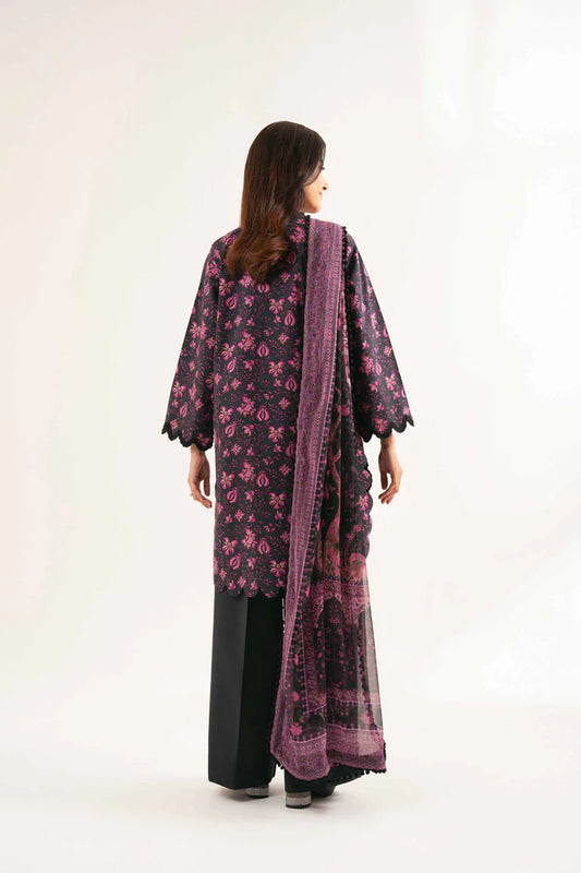 Black and Purple Printed Lawn Suit with Straight Trousers and Dupatta