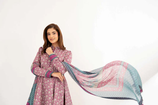 Purple Printed Lawn Suit with Flared Trousers and Dupatta
