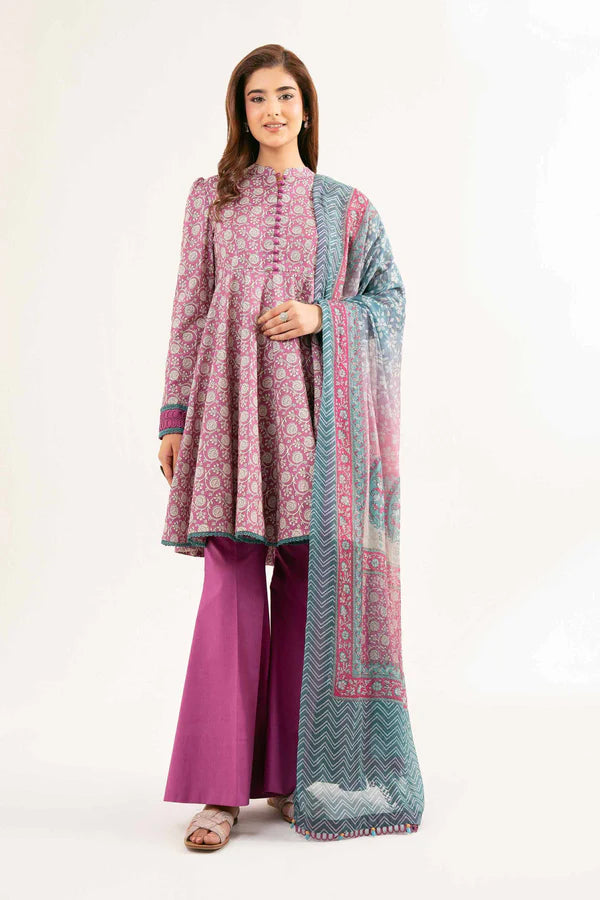 Purple Printed Lawn Suit with Flared Trousers and Dupatta