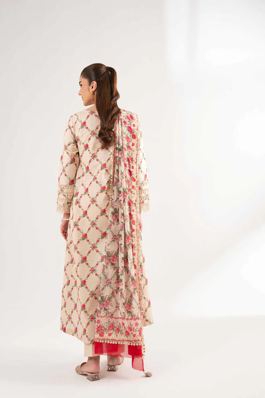 Beige Floral Printed Lawn Suit with Straight Trousers and Dupatta