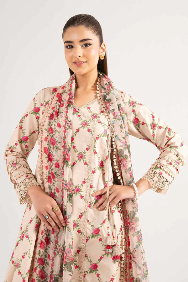 Beige Floral Printed Lawn Suit with Straight Trousers and Dupatta