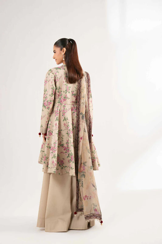 Printed Beige Lawn Suit with Floral Design and Dupatta