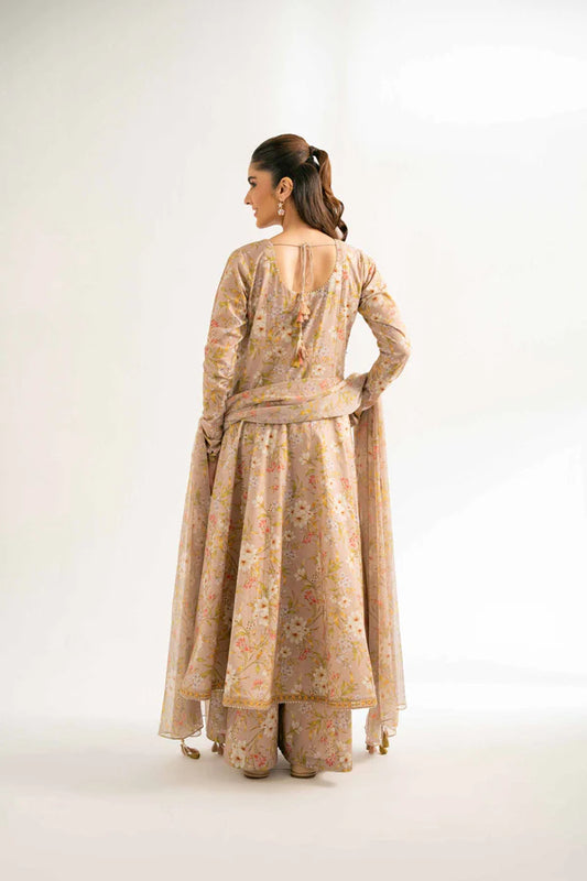 Beige Floral Lawn Suit with Flowing Silhouette and Dupatta