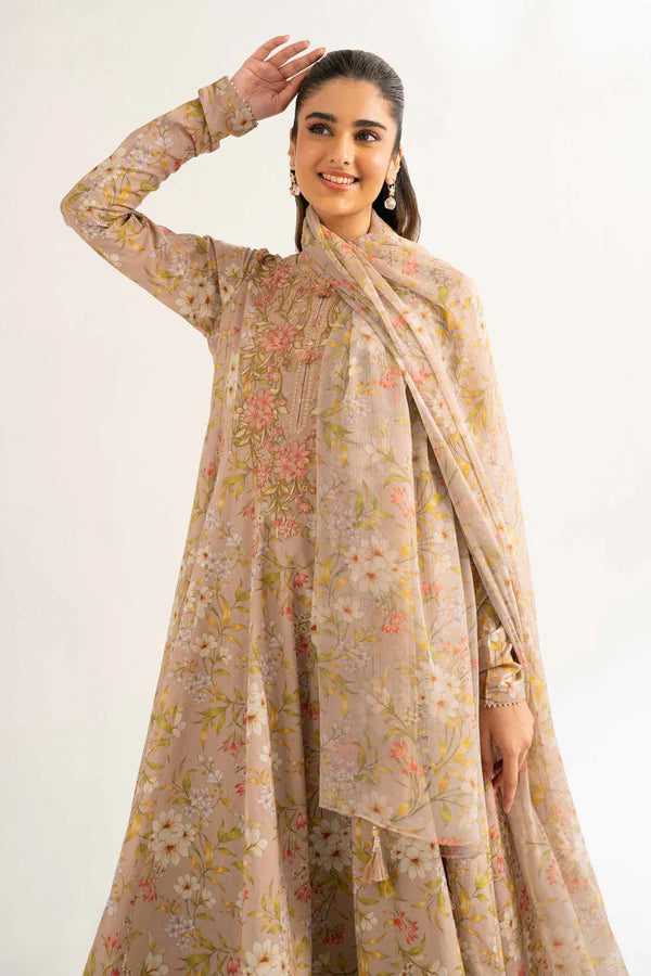 Beige Floral Lawn Suit with Flowing Silhouette and Dupatta