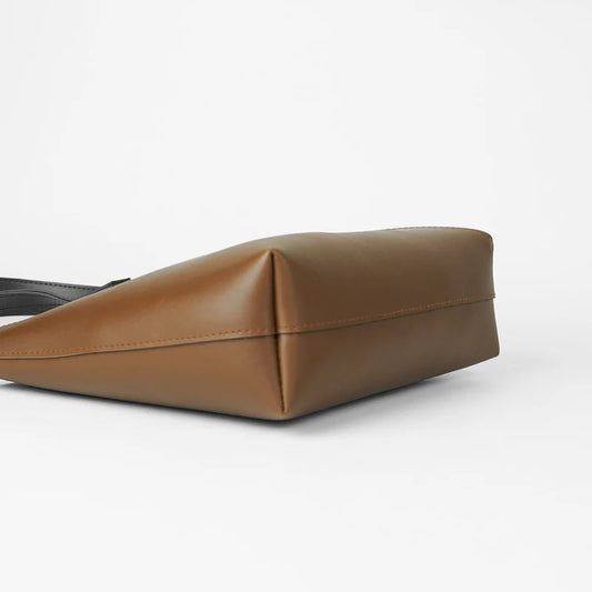 Two-Tone Brown and Black Tote Bag with Long Straps