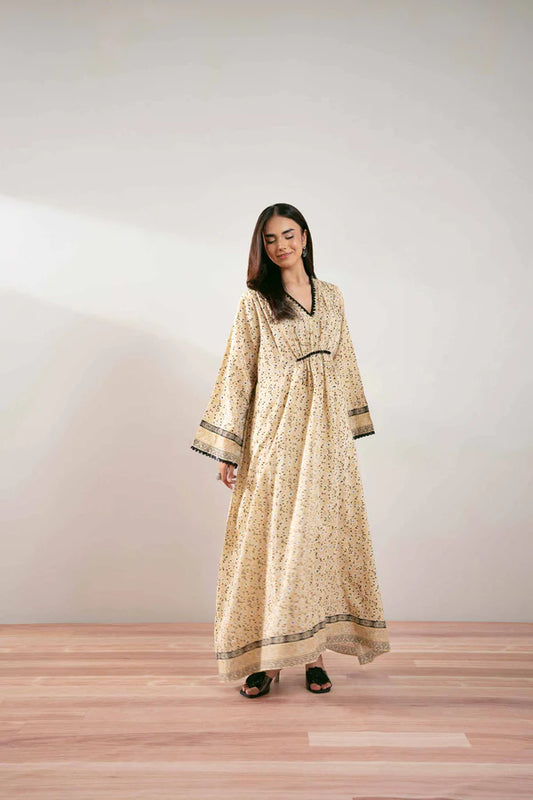 Beige Printed Lawn Suit with Black Embroidered Detailing