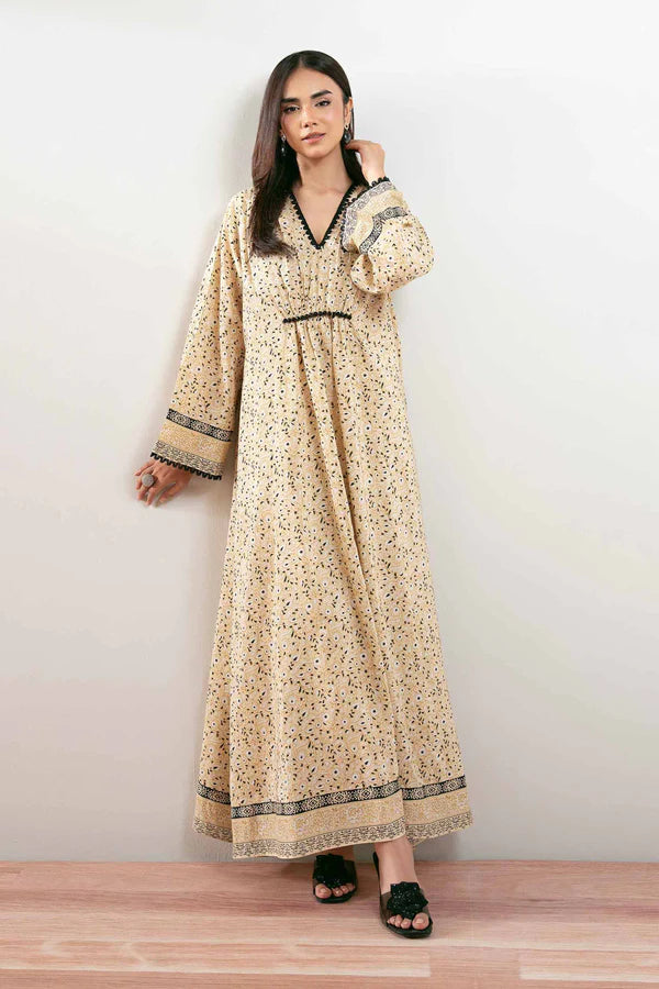 Beige Printed Lawn Suit with Black Embroidered Detailing