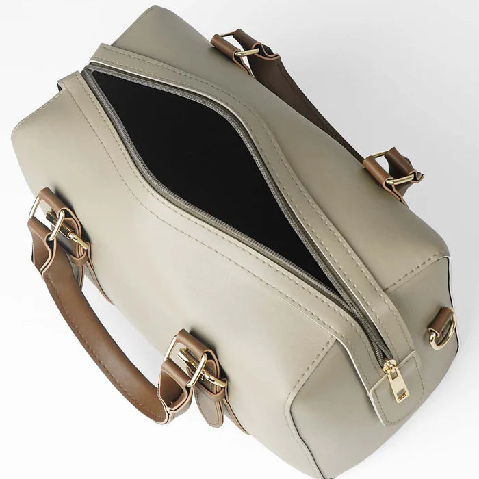 Classic Beige Handbag with Dual Buckle Straps