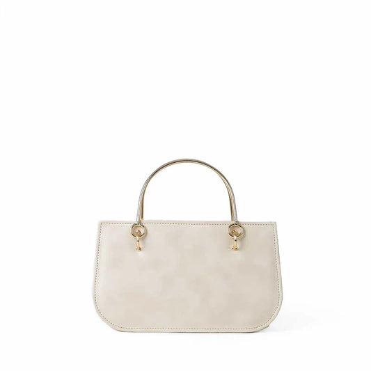 Beige Handbag with Gold Chain Strap and Metal Top Handles