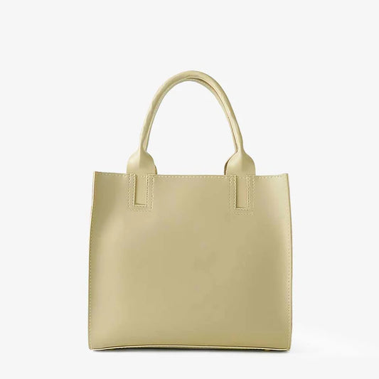 Beige Handbag with Top Handles and Detachable Strap