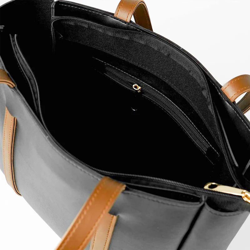 Black Tote Bag with Dual Brown Straps – Elegant Everyday Handbag