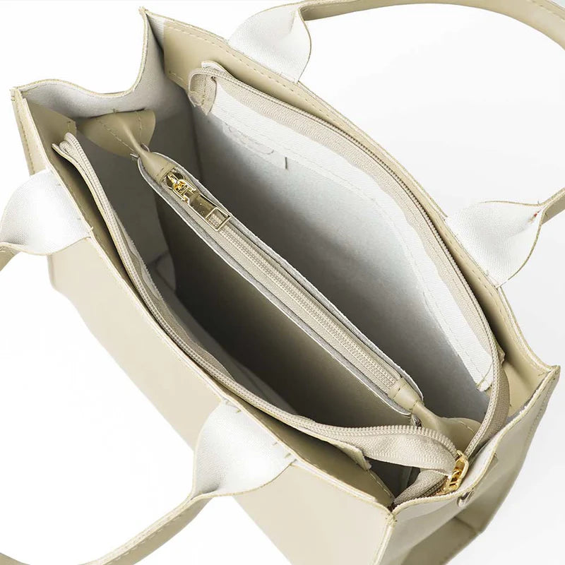 Beige Handbag with Top Handles and Detachable Strap