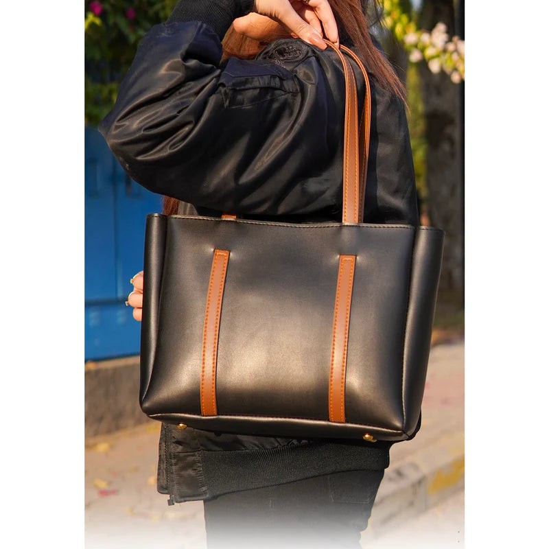 Black Tote Bag with Dual Brown Straps – Elegant Everyday Handbag