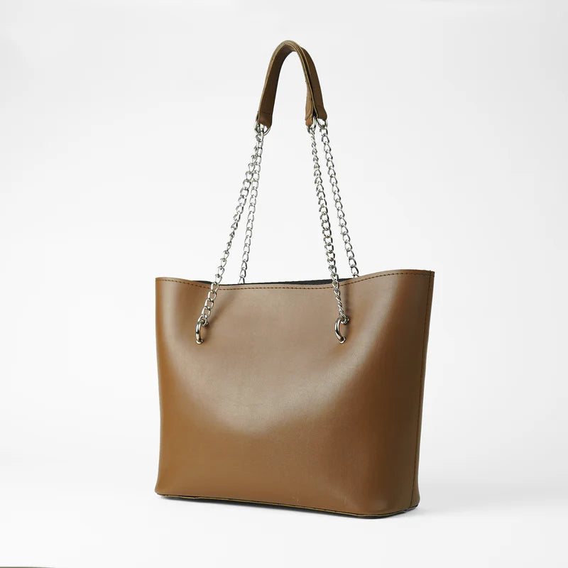 Stylish Brown Tote Bag with Silver Chain Straps