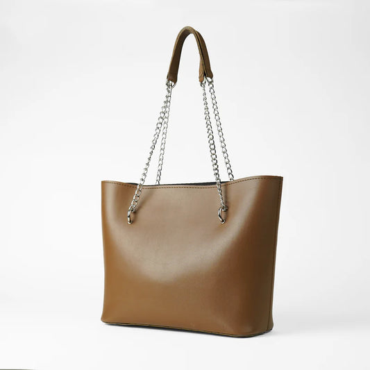 Stylish Brown Tote Bag with Silver Chain Straps
