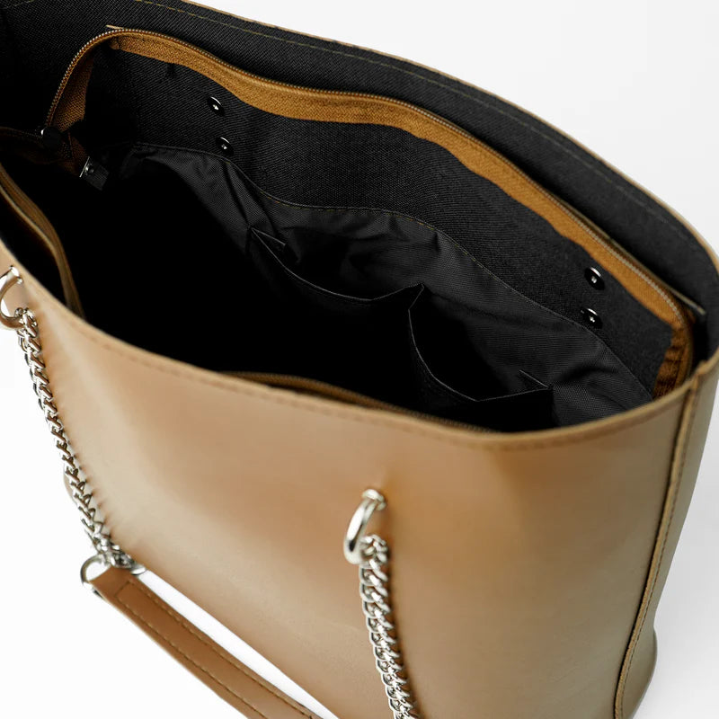 Stylish Brown Tote Bag with Silver Chain Straps