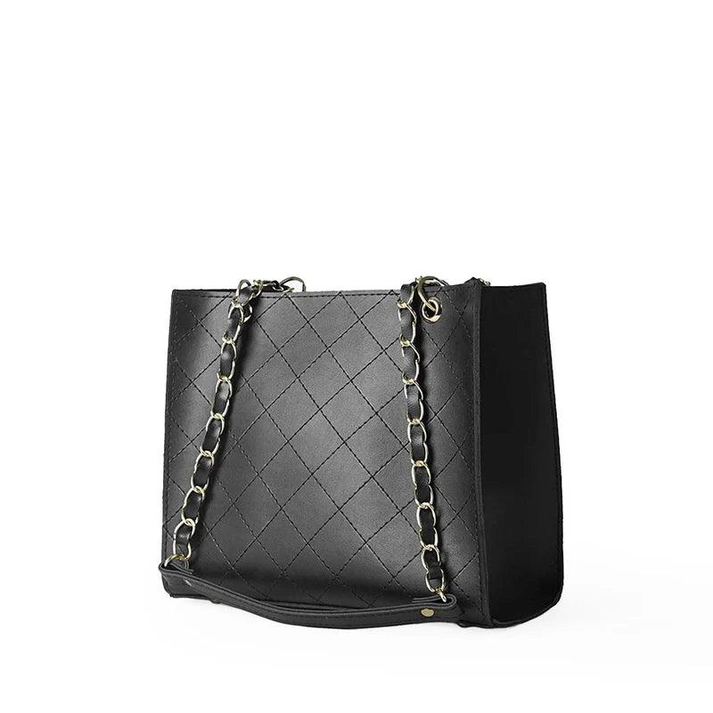 Elegant Black Quilted Tote Bag with Gold Chain Straps
