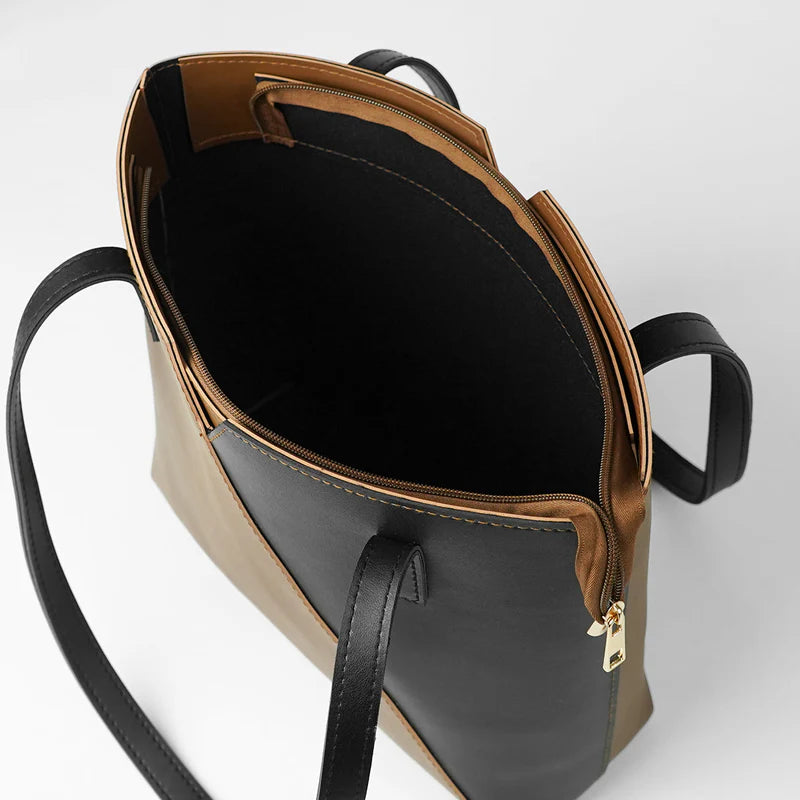 Two-Tone Brown and Black Tote Bag with Long Straps