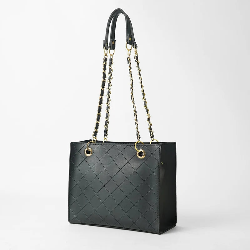 Elegant Black Quilted Tote Bag with Gold Chain Straps