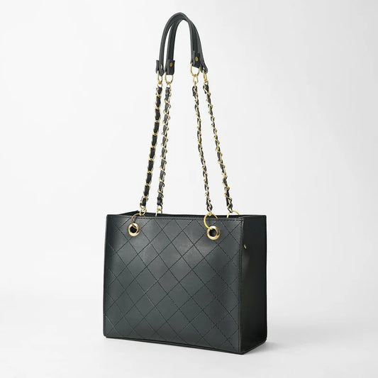 Elegant Black Quilted Tote Bag with Gold Chain Straps