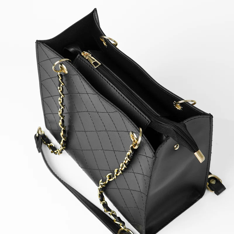 Elegant Black Quilted Tote Bag with Gold Chain Straps