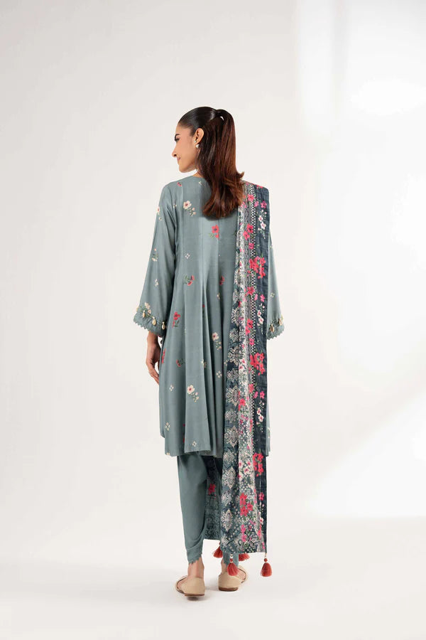 Grey Printed Lawn Suit with Embellished Sleeves and Dupatta