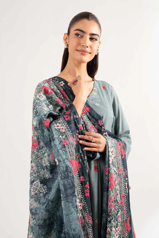 Grey Printed Lawn Suit with Embellished Sleeves and Dupatta