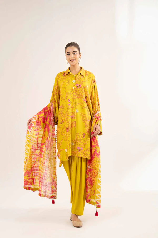 Mustard Yellow Printed Lawn Suit with Contrasting Dupatta