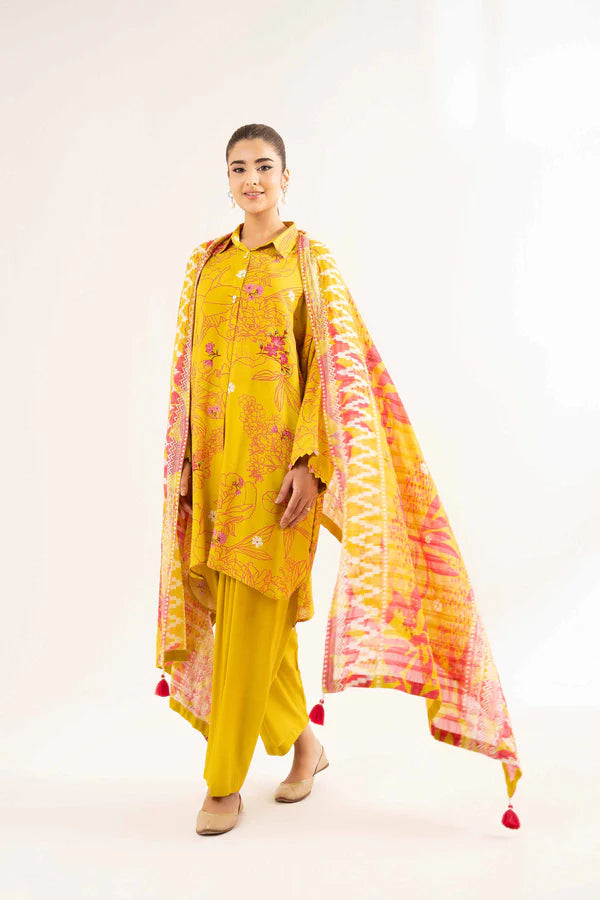 Mustard Yellow Printed Lawn Suit with Contrasting Dupatta