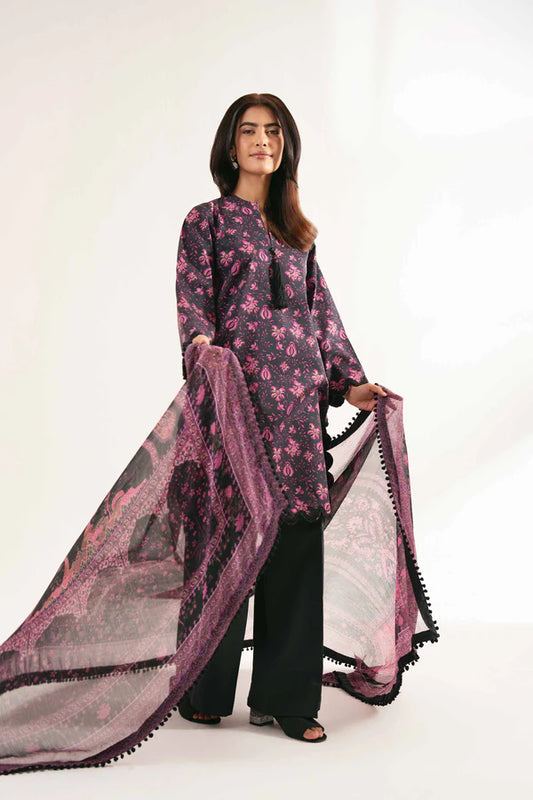 Black and Purple Printed Lawn Suit with Straight Trousers and Dupatta