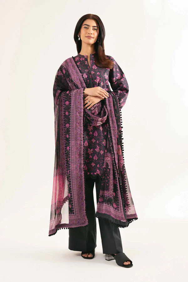 Black and Purple Printed Lawn Suit with Straight Trousers and Dupatta
