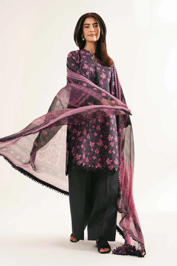 Black and Purple Printed Lawn Suit with Straight Trousers and Dupatta