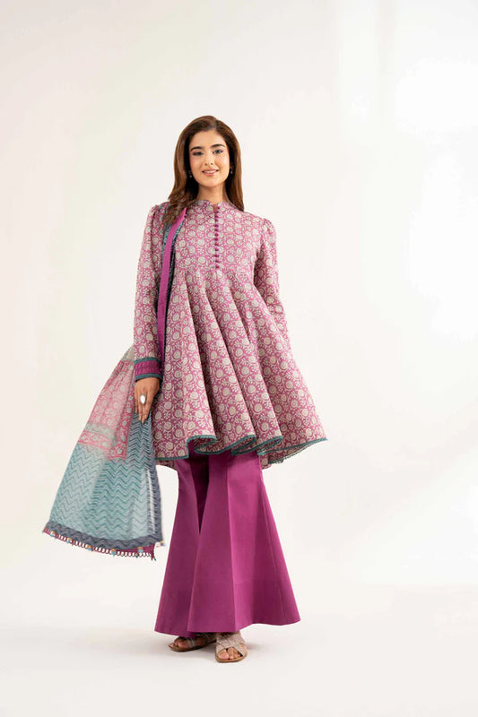 Purple Printed Lawn Suit with Flared Trousers and Dupatta
