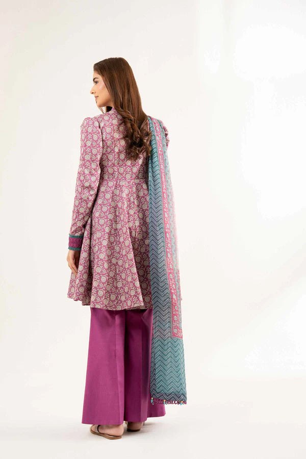 Purple Printed Lawn Suit with Flared Trousers and Dupatta