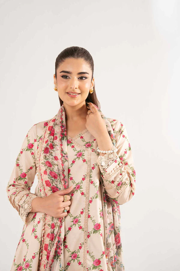 Beige Floral Printed Lawn Suit with Straight Trousers and Dupatta