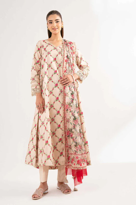Beige Floral Printed Lawn Suit with Straight Trousers and Dupatta