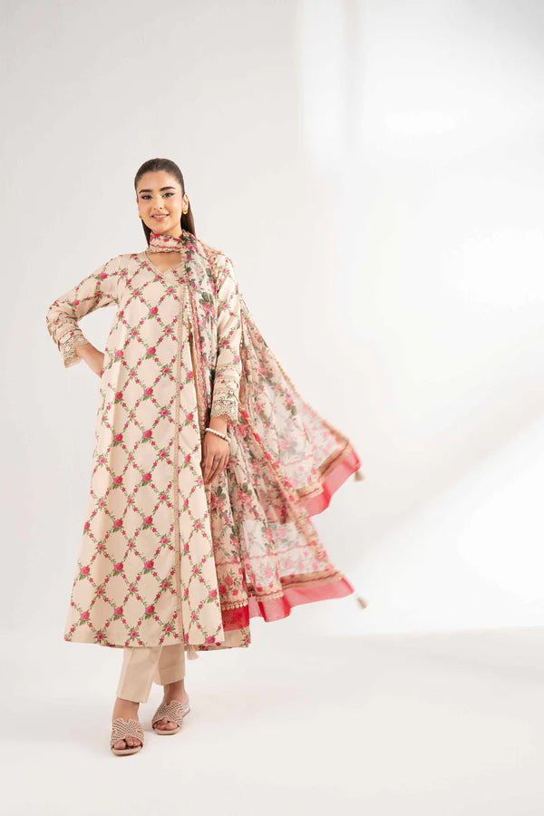Beige Floral Printed Lawn Suit with Straight Trousers and Dupatta