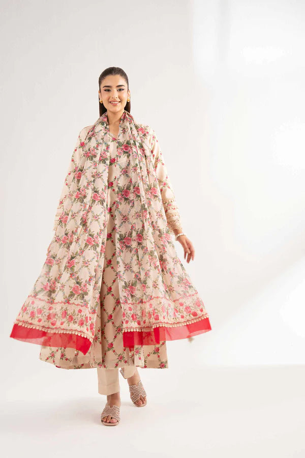Beige Floral Printed Lawn Suit with Straight Trousers and Dupatta