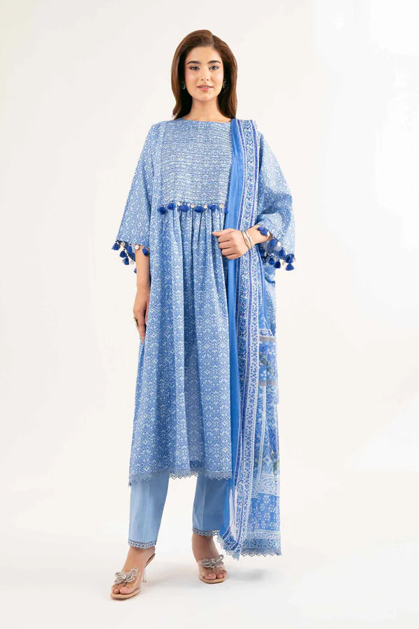 Blue Printed Lawn Suit with Tassel Detailing and Dupatta