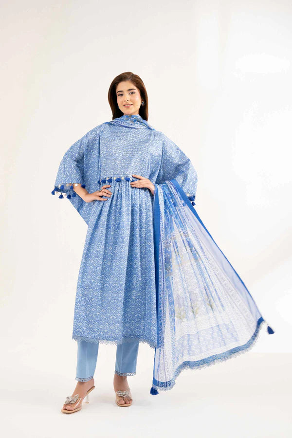 Blue Printed Lawn Suit with Tassel Detailing and Dupatta