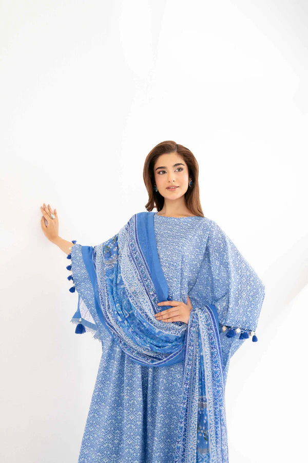 Blue Printed Lawn Suit with Tassel Detailing and Dupatta