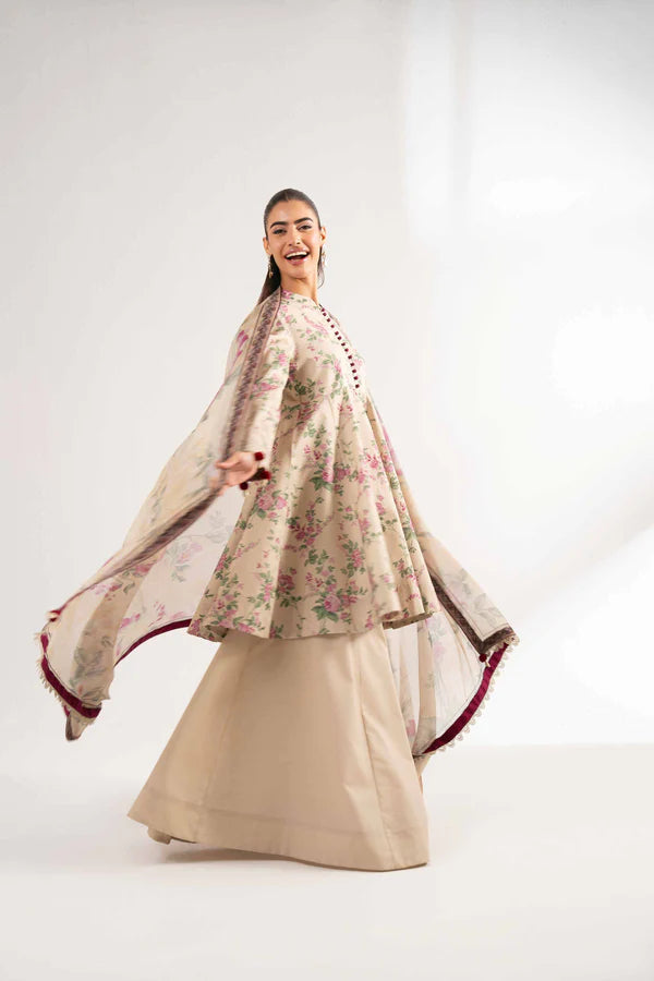 Printed Beige Lawn Suit with Floral Design and Dupatta